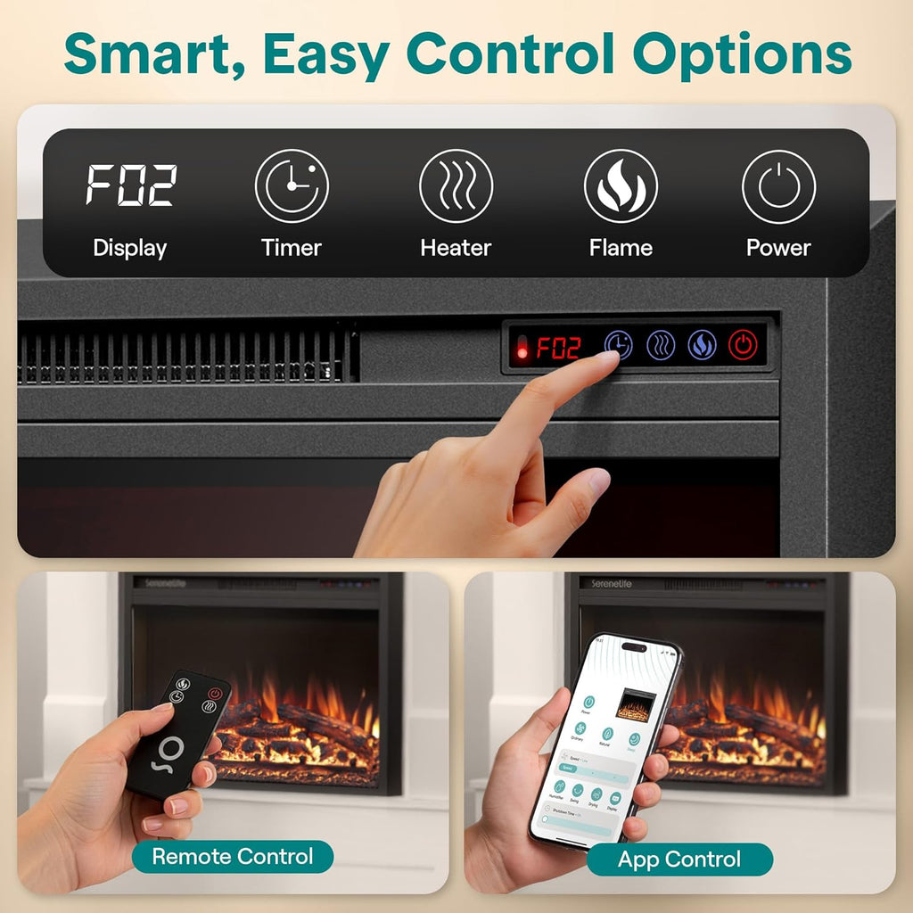 Electric Fireplace Insert with Heater | Smart Wi-Fi App Control & Remote | 700W/1500W Adjustable Thermostat