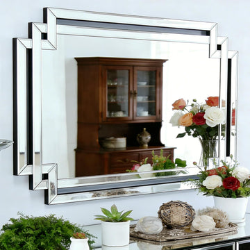 Modern Large Living Room Mirror with Mirrored Frame Decor, 24" X 36" Decorative Wall Mirror with Glass Pieces and