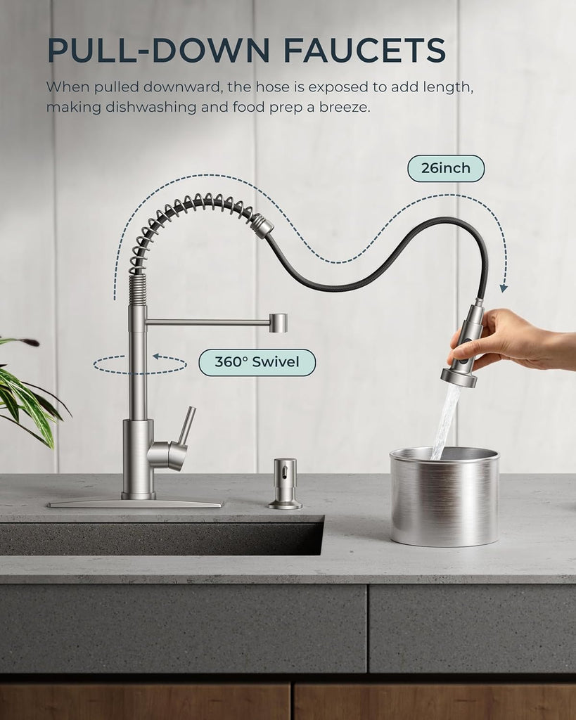 Kitchen Faucets, Brushed Nickel Kitchen Sink Faucet with Pull Down Sprayer, Commercial Kitchen Faucet Stainless Steel