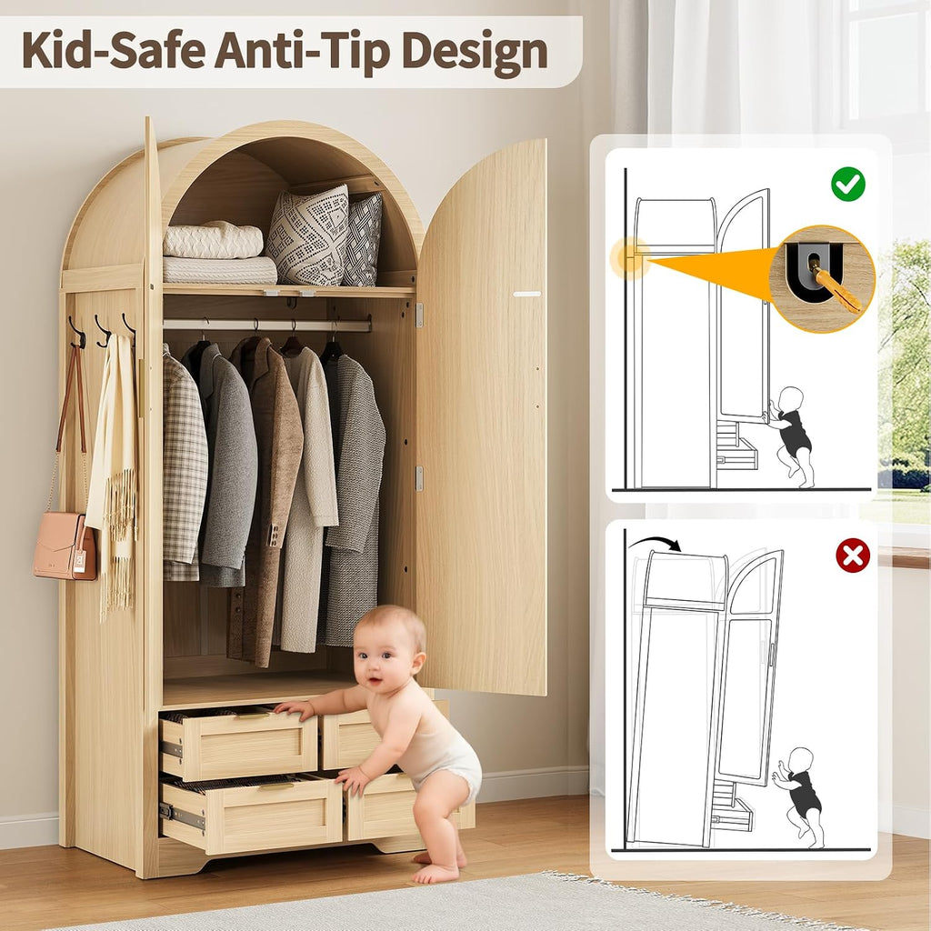 Armoire Wardrobe Closet with 4 Drawers - Wood Bedroom Armoires and Wardrobes with Rattan Doors for Hanging Clothes