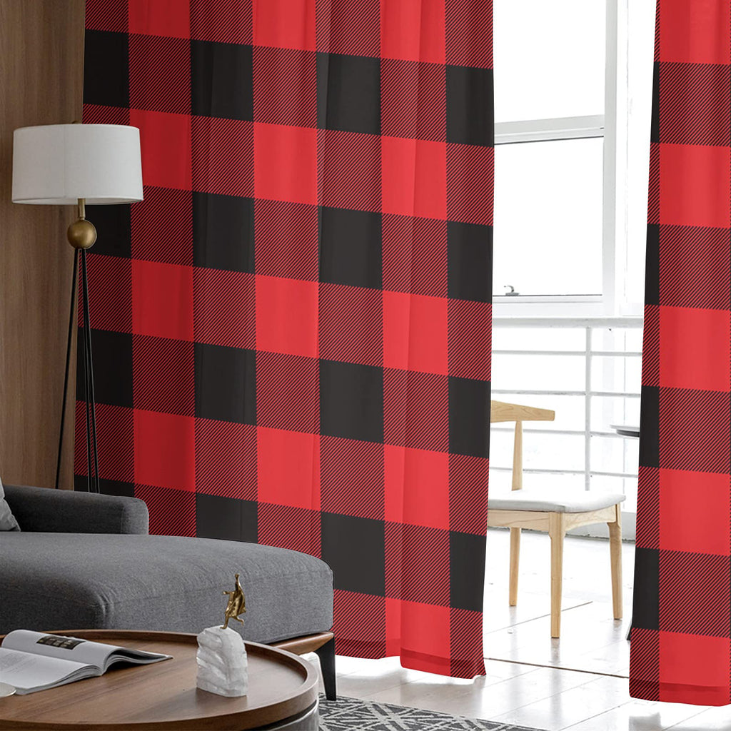 Red Sheer Curtains 108 Inch Length 2 Panels Set, Red and Black Buffalo Plaid Semi Transparent Voile Rod Pocket