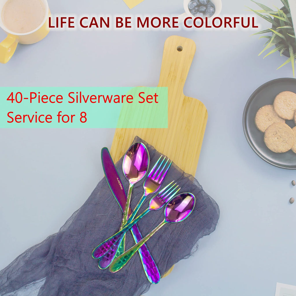 Rainbow Flatware Cutlery Silverware Set 40 Pieces, 18/10 Stainless Steel Colorful Utensils, Tableware Flatware Set