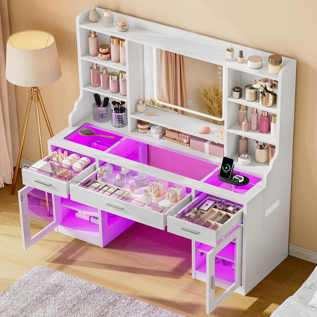 Vanity Desk with Mirror and Lights, 42" Large Makeup Vanity with Glass Top with 3 RGB Drawers, 2 Large Transparent