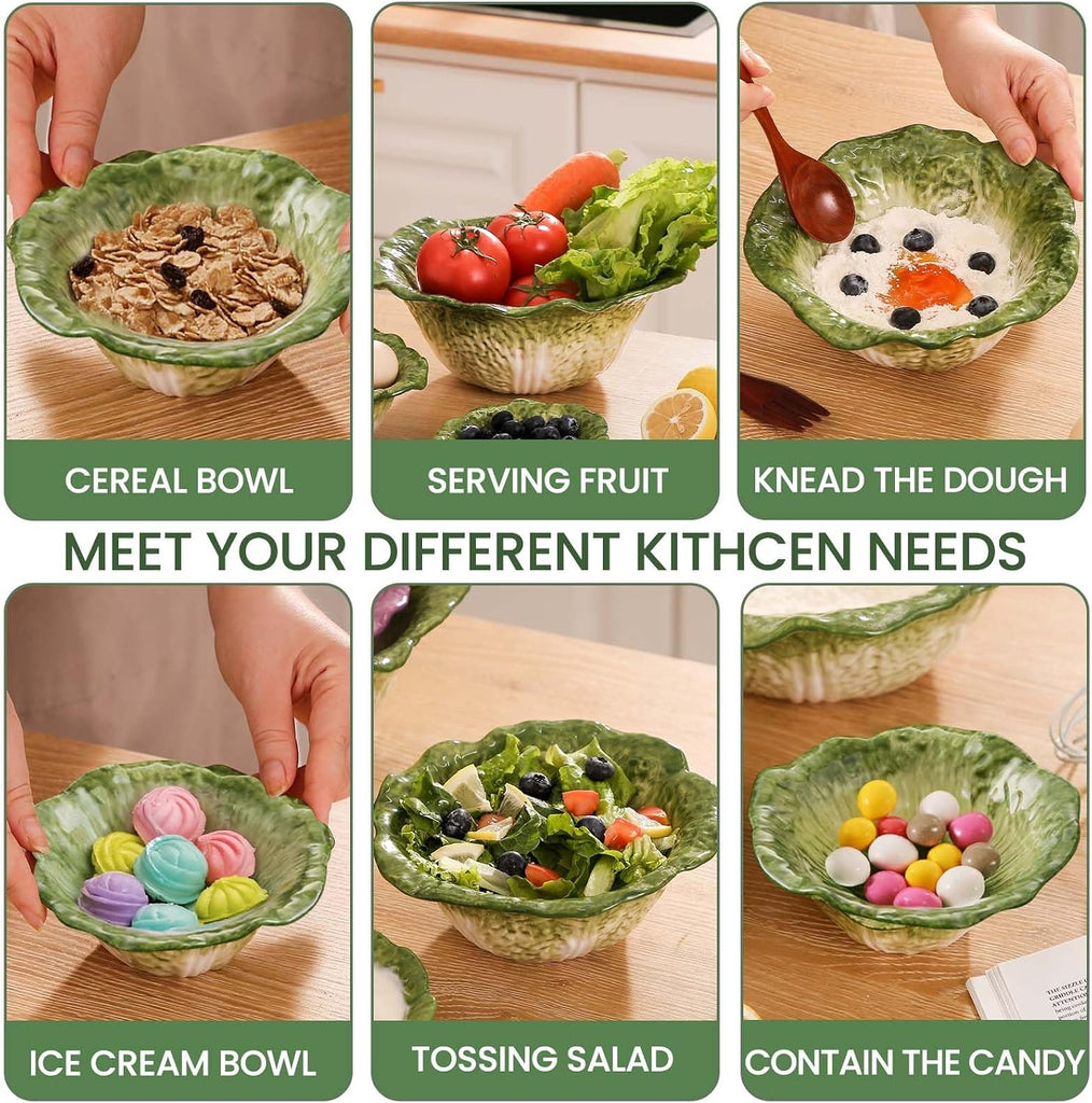 Green Cabbage Serving Bowl Set of 3 - Extra Large 60oz, 16oz, 5oz Nesting Mixing Bowls, Porcelain Dishes for Salad