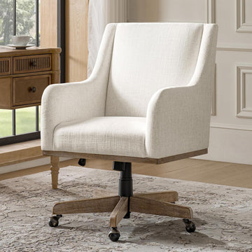 Wood Upholstered Home Office Desk Chair with Curved Armrests, Farmhouse Adjustable Height 360° Swivel Wide Seat