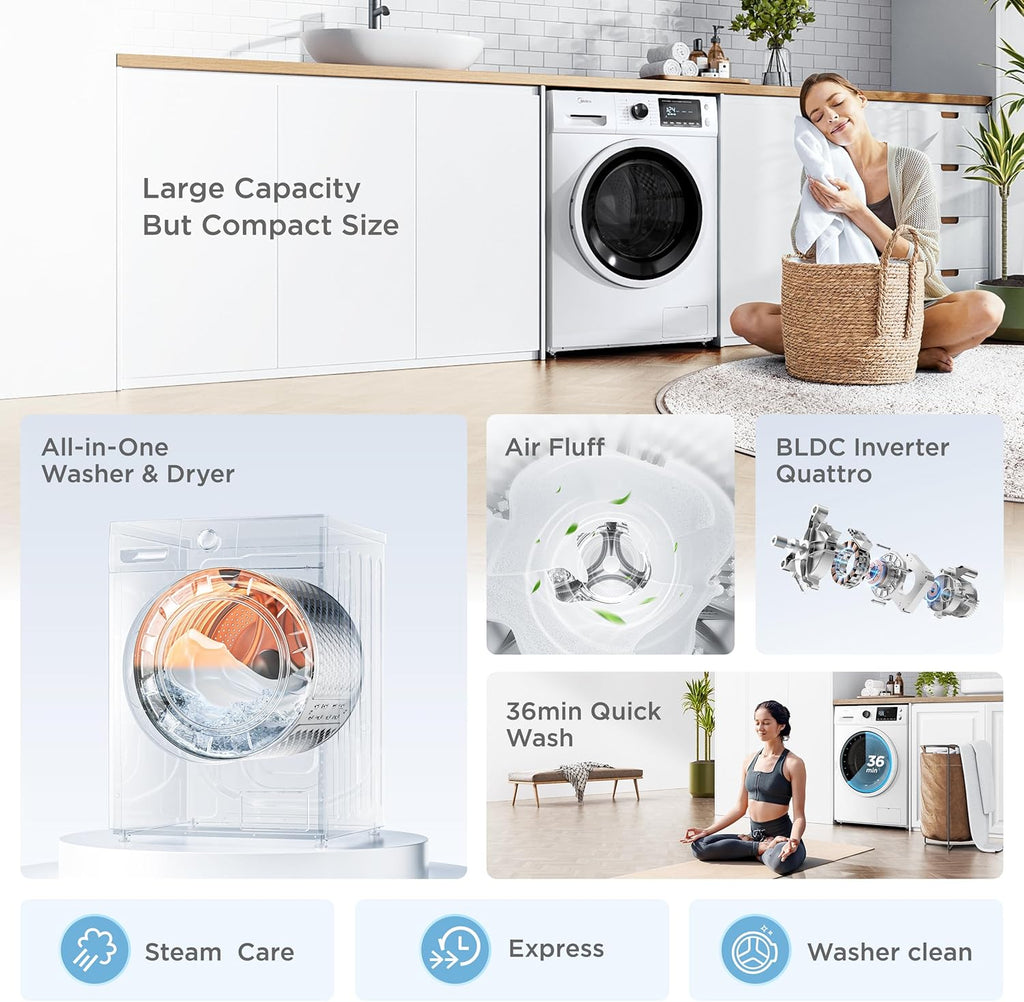 24 Inch All-in-One Front Load Washer Dryer Combo, 2.7 Cu.ft 26lbs Ventless Full-Automatic Washing Machine with Steam