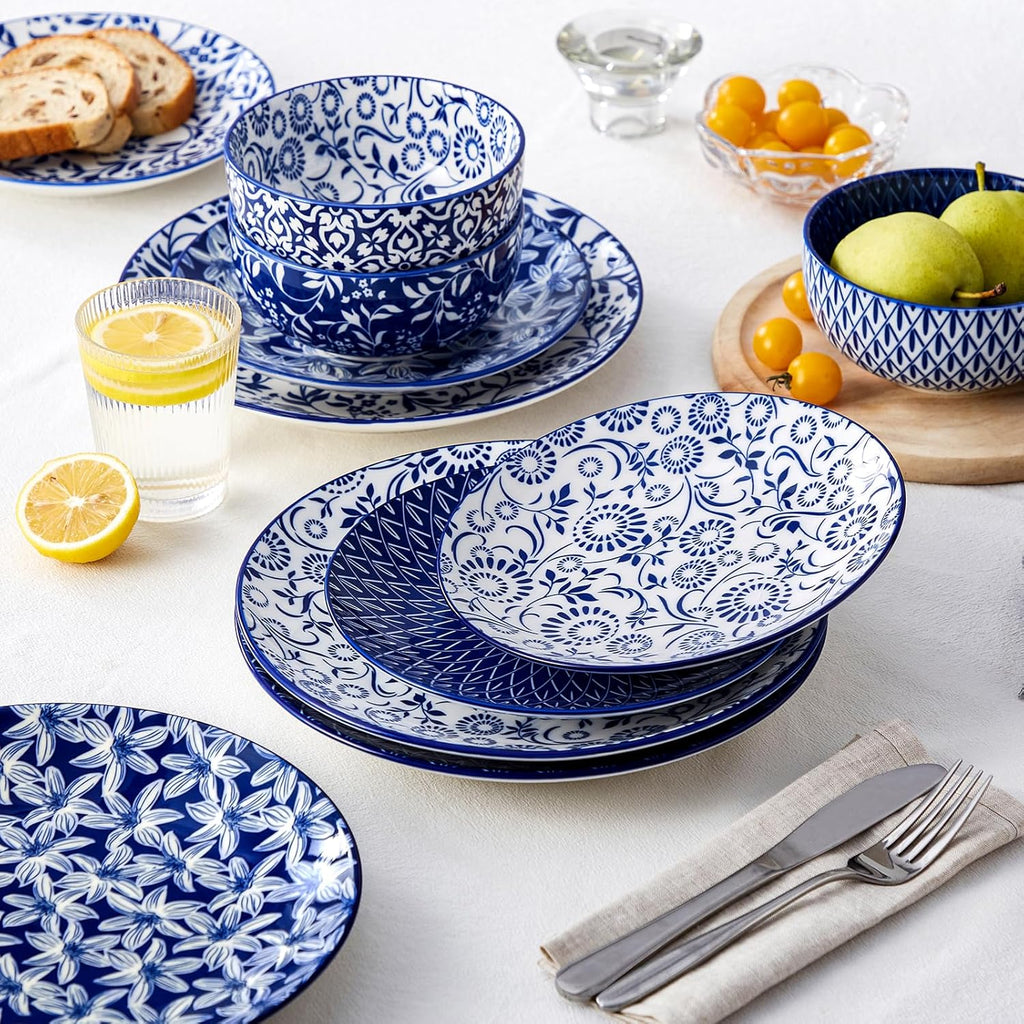 SELENE Plates and Bowls Set for 4, 12 Pieces Dinnerware Sets, Mircowave and Dishwasher Safe Dishes Set
