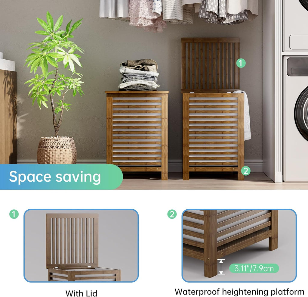 Double Laundry Hamper with Lid, 120L Bamboo Laundry Basket with Removable Liner Bag, 2-Section Clothes Divider