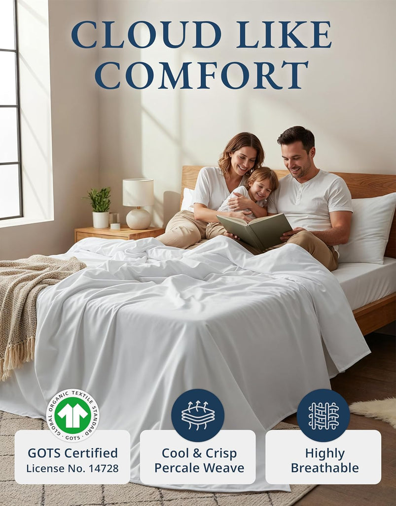 Sheets 100% Organic Cotton 4pc Percale Cooling - White | Sheet Set, GOTS Certified Organic Cotton Percale