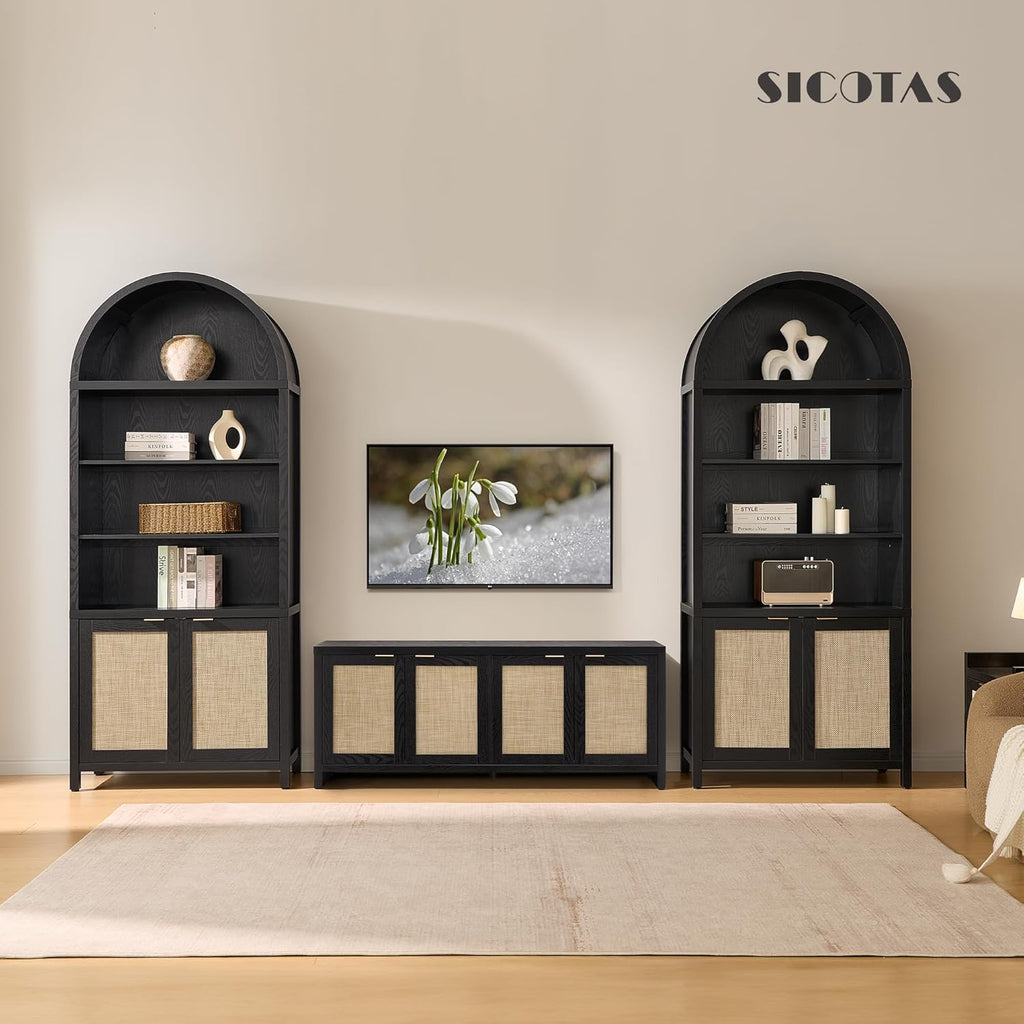 Book Shelf Arched Cabinet Bookshelf Arch 84.2" Tall Bookcase 5 Tier Large Bookshelves with Doors Storage Rattan Boho