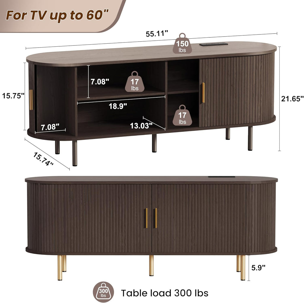55 Inch Mid Century Modern TV Stand with Power Outlet for TVs up to 60 Inch, Entertainment Center with Storage and Adjustable Shelves, Media Console with Sliding Doors for Living Room(Dark Walnut)