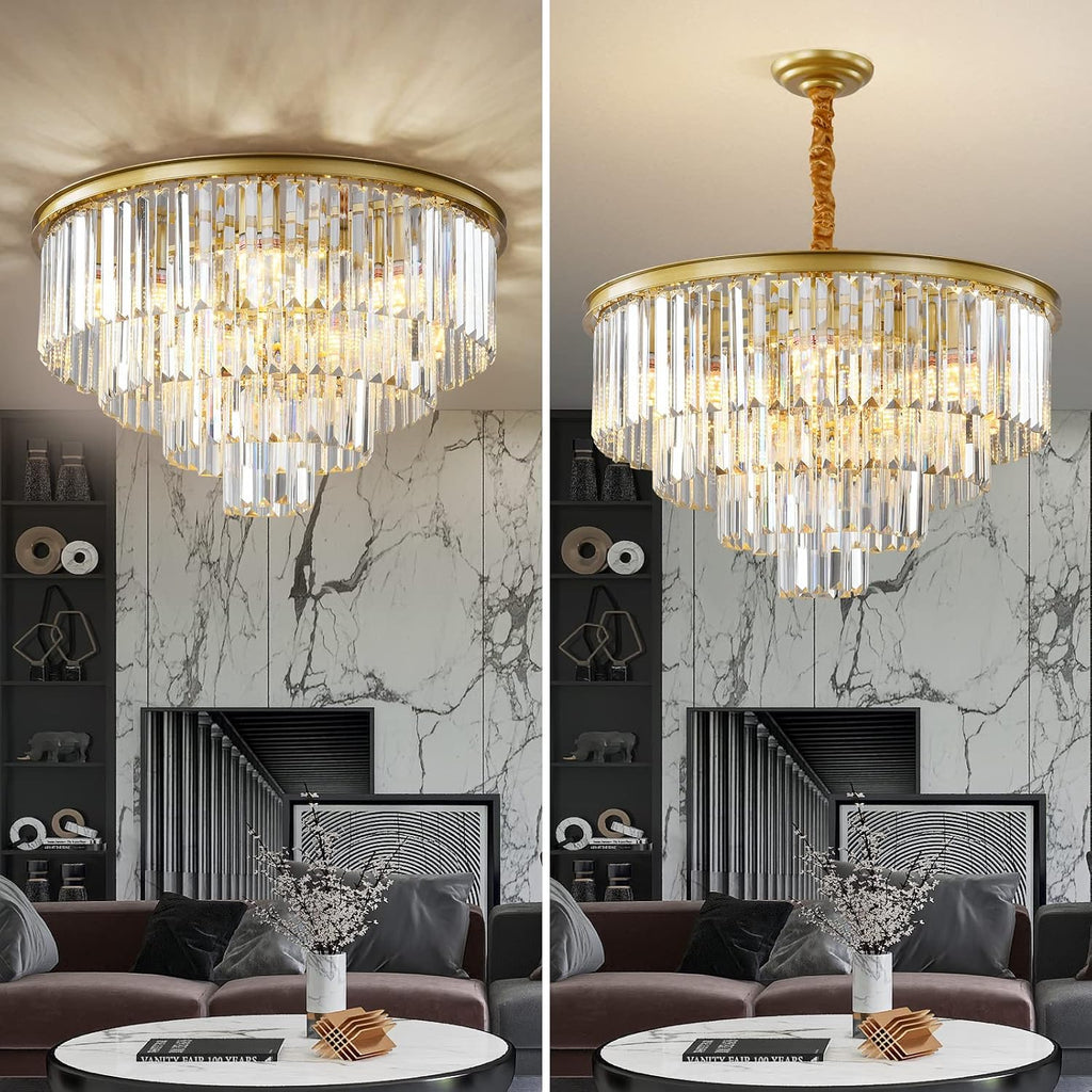 Gold Modern Crystal Chandelier, 4-Tier Round Flush Mount Ceiling Light Fixtures Height Adjustable Pendant Lighting