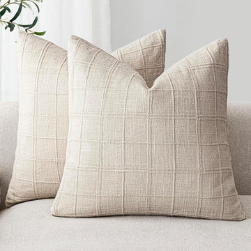 Set of 2 Decorative Linen Check Throw Pillow Covers Neutral Farmhouse Vintage Cushion Covers Modern Boho Home