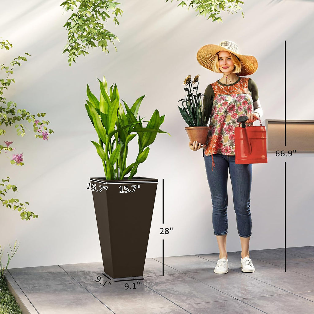 28 in Tall Planters for Outdoor Plants, Set of 3, Brown | Drainage Holes, Taper Indoor Grande Plant Pots, Front Porch