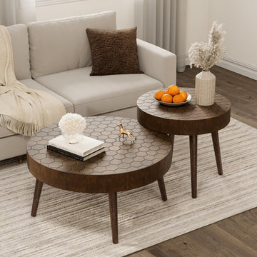 Round Coffee Table Set of 2, Nesting Tables with Honeycomb Pattern, Modern End Table, Farmhouse, Brown