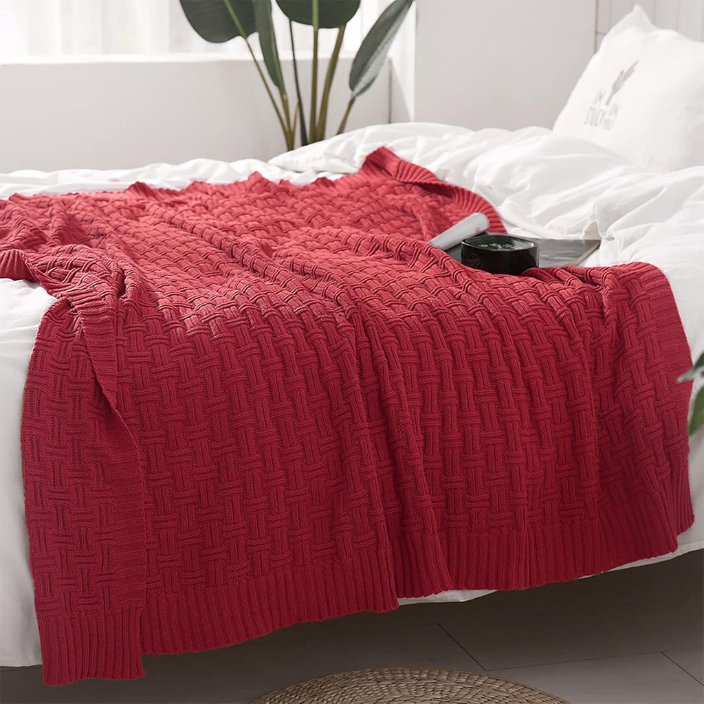 100% Cotton Knitted Throw Blanket Couch Cover Blanket(31 x 40 Inches, Red)