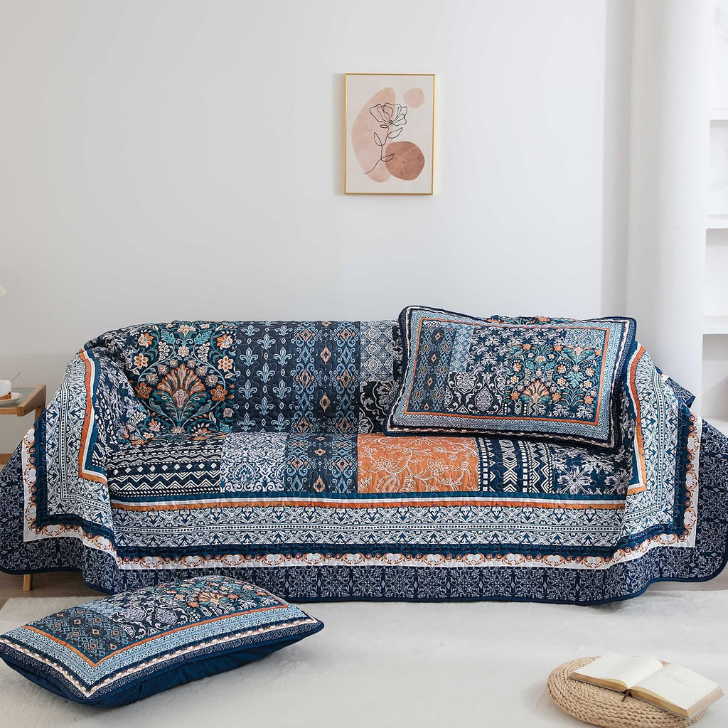 Navy Blue Quilt Set, Bohemian Patchwork Bedspread Coverlet Set, Reversible Farmhouse Floral Pattern Bedspreads