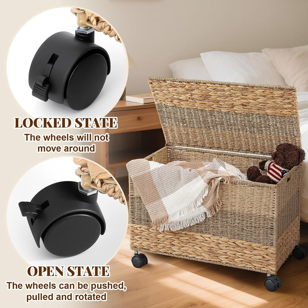 42.3 Gallon(160L) 30×17.7×18 in Wicker Storage Trunk with Wheels & Lid Heavy Duty Rolling Storage Bench Large Toy