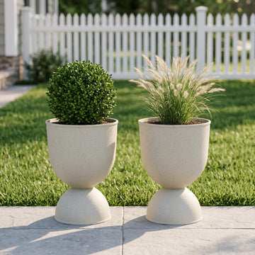 15 Inch Tall Planters, Beige Plastic Urn Planters, 2 Pack