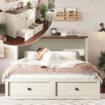 Queen Murphy Bed with Storage & Charging Station, Farmhouse Murphy Cabinet with Foldable Panel, Noisy Free, for Guest