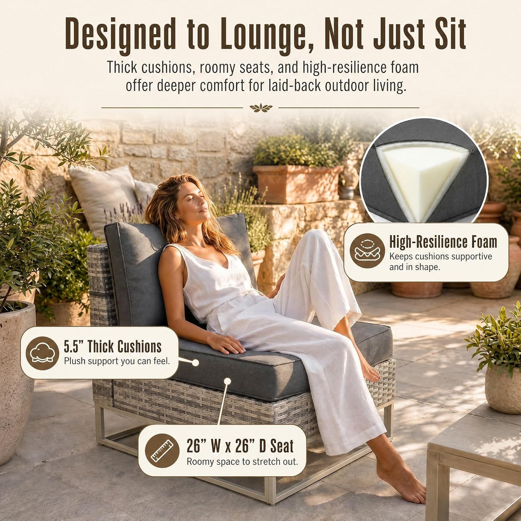 6-Piece Outdoor Patio Furniture Set, Modern PE Wicker Outdoor Sectional Sofa with Storage Armrests & 5.5" Thick