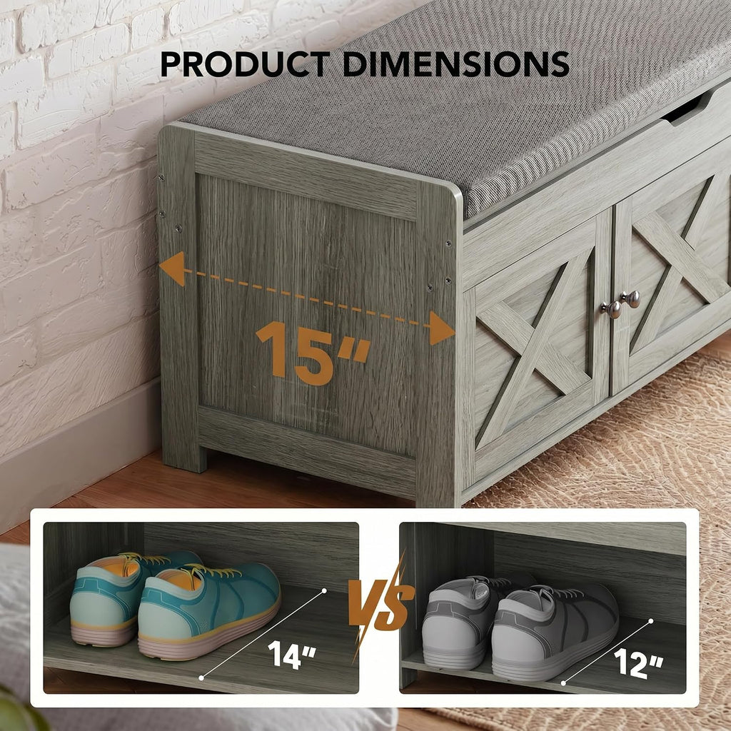 Shoe Storage Bench with Seating, Farmhouse Entryway Bench with Shoe Storage and Cushion, Under Window Benches Wooden