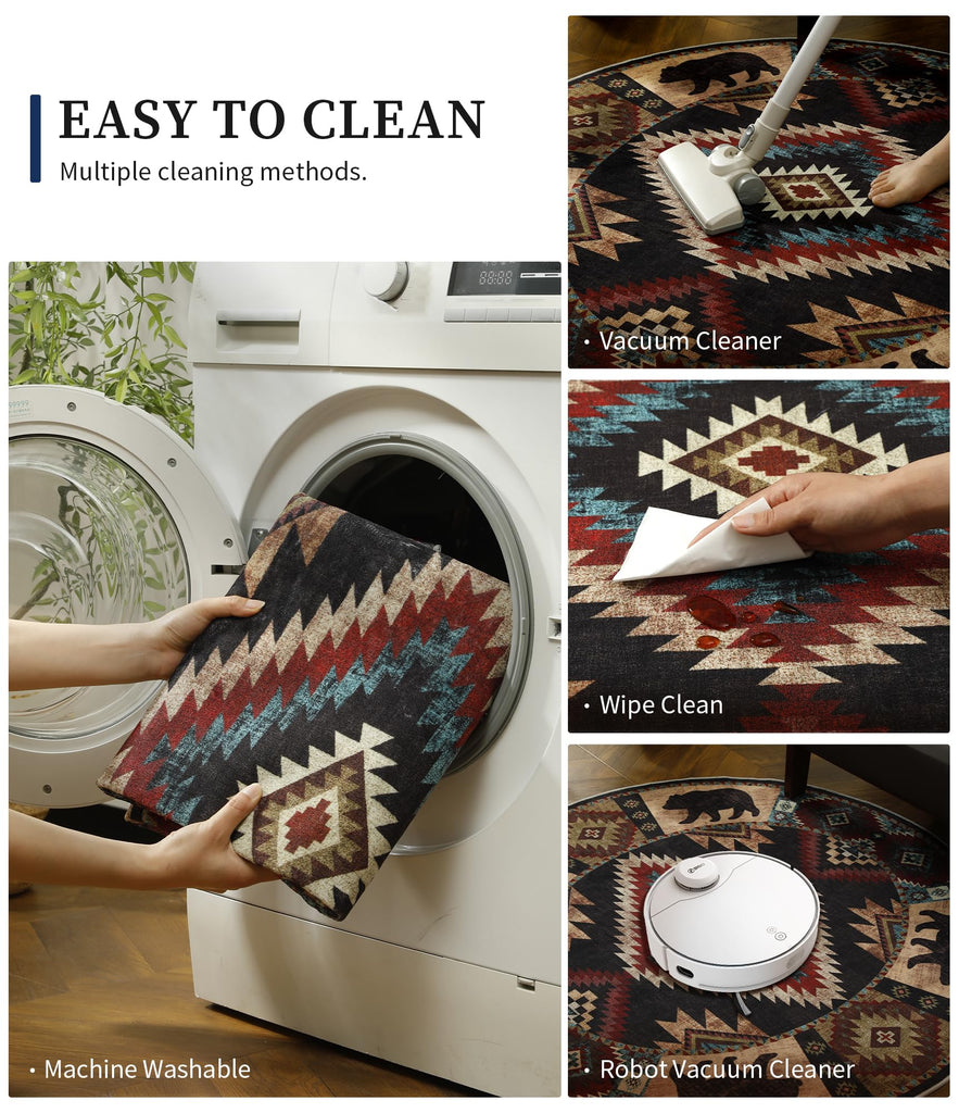 Washable Western Cabin Round Rug, 6ft