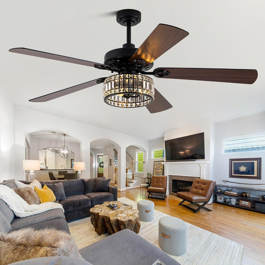 60" Vintage Black Ceiling Fan with Light, Large Crystal Chandelier Fan Fandelier Fan with 6-Speeds