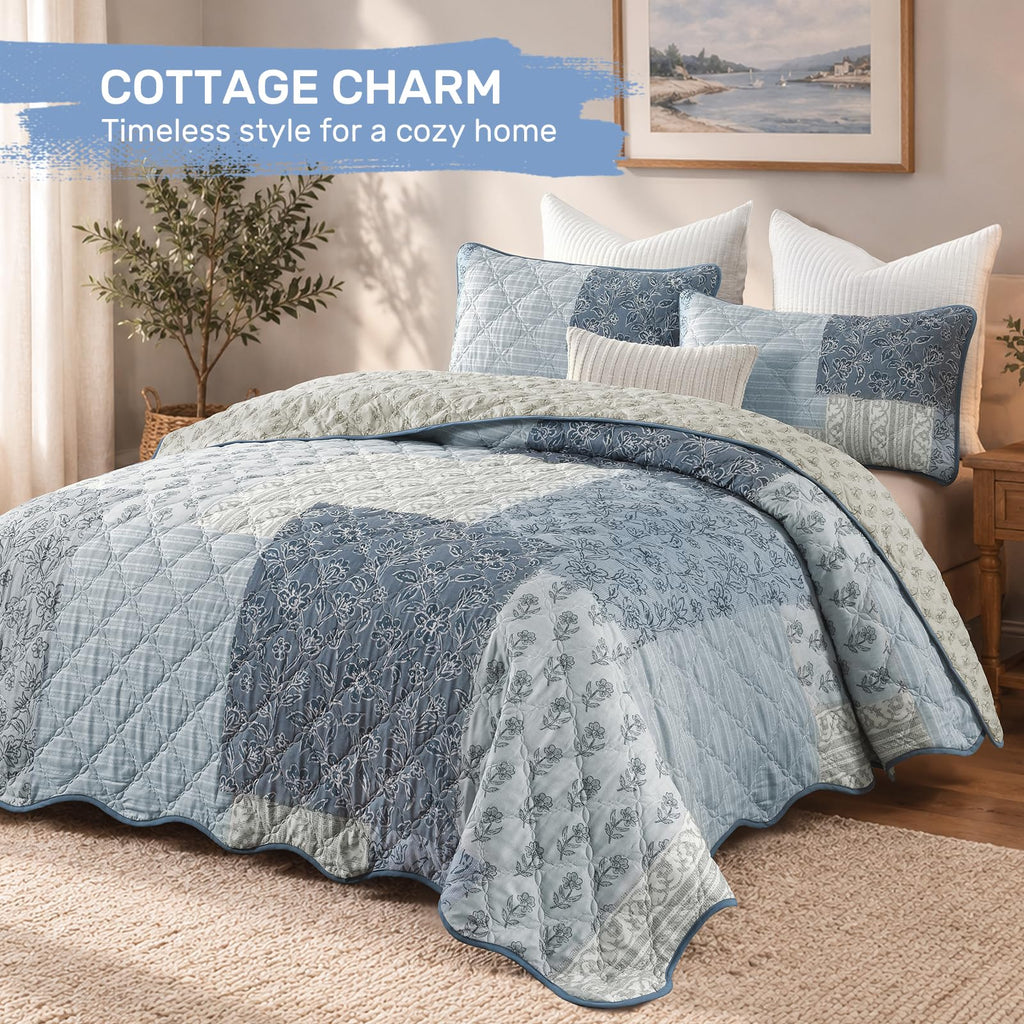 Blue Quilt Set, Reversible Floral Patchwork Bedspread