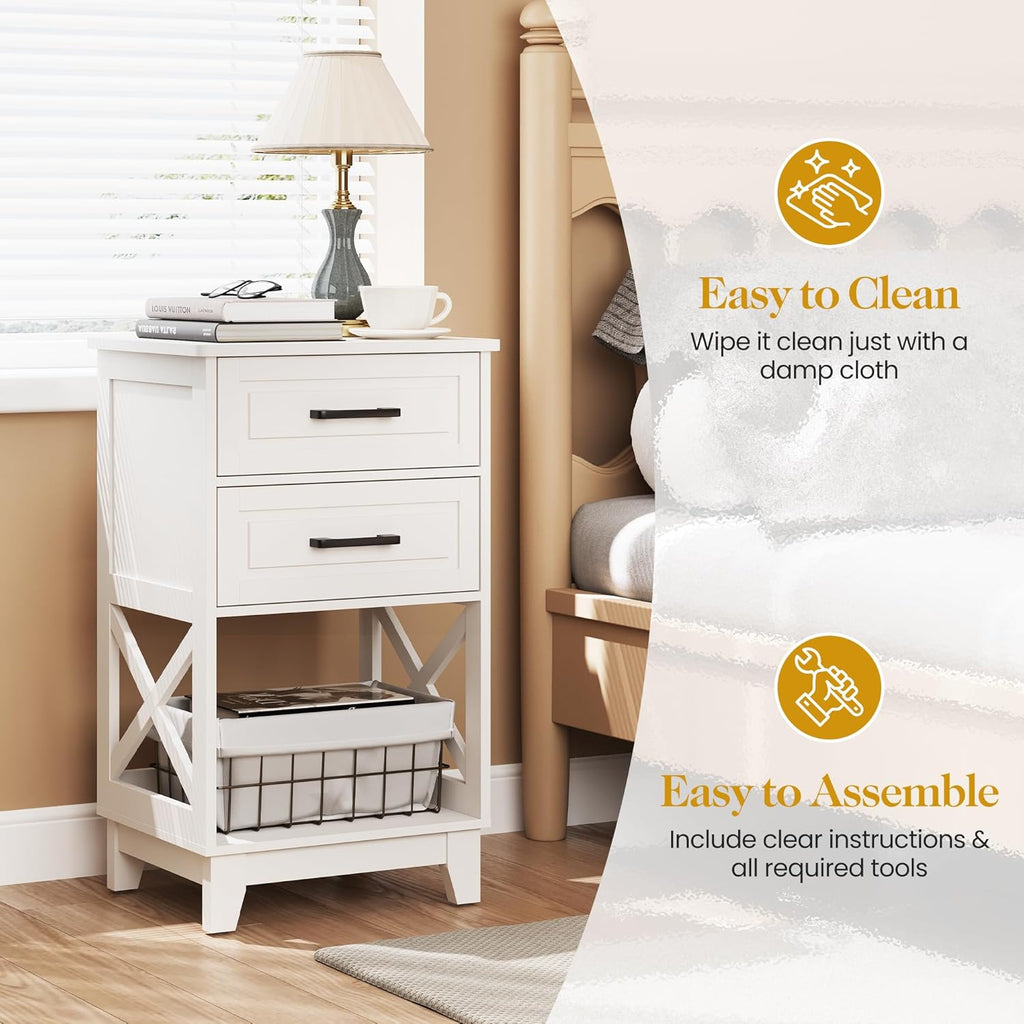 Nightstand Set of 2, 30" Tall Side Table with 2 Drawers and Open Shelf, Bedside Table with Solid Feet, Modern Night