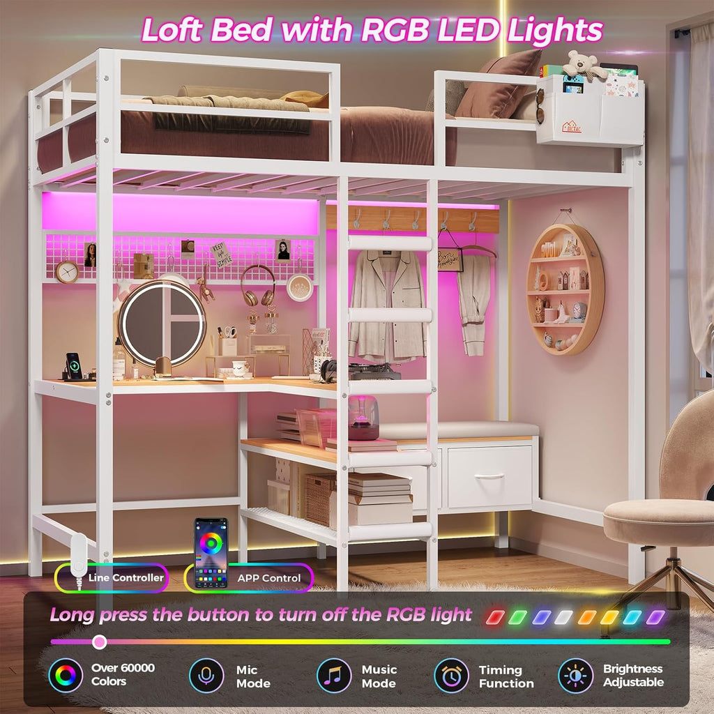 Twin Loft Bed with L-Shaped Desk, Storage Shelves and Charging Station Twin Metal Loft Bed with LED Lights and Coat