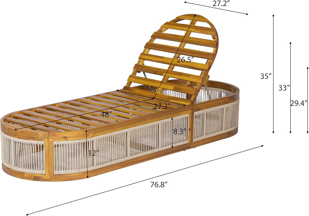 Teak Finish Acacia Wood Chaise Lounge with Cream Cushion, 3-Position Adjustable Outdoor Patio Poolside Lounger