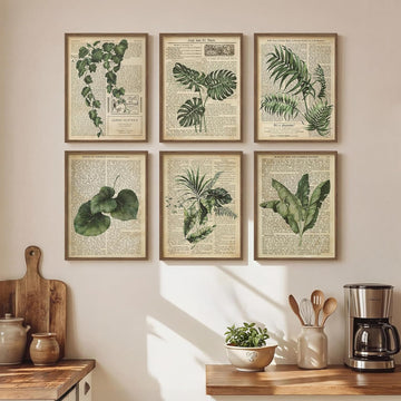 Framed Vintage Botanical Wall Art, Set of 6 Green Leaf and Fern Canvas Painting Prints, Rustic Farmhouse Plant