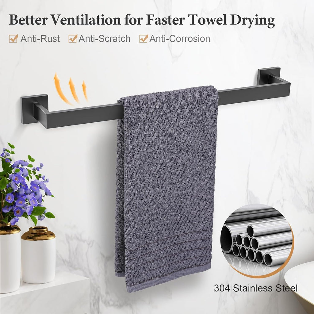Black Bathroom Towel Bar Set Square 5 Pieces Bathroom Hardware Set Matte Black Towel Holder Set Wall Mounted,SUS304
