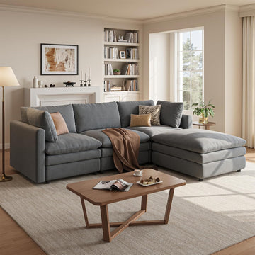 97" Cloud Couches , 29.1" Deep Seat Modular Sectional Sofa, L Shaped Cloud Sofa with One Movable Ottoman