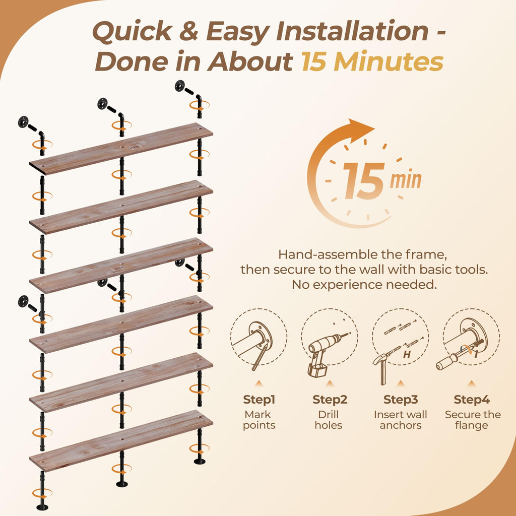 Industrial Pipe Bookshelf, Wall Mounted Shelf, 70 Inch, Weathered Brown