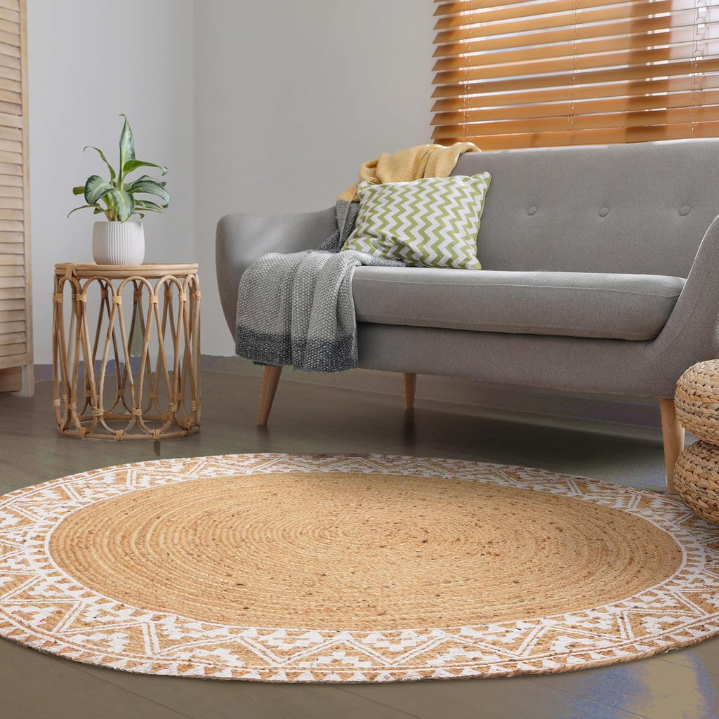 Premium Natural Jute Braided Area Rug, 6-feet Round, White Printed Border, Stain Resistance, Natural