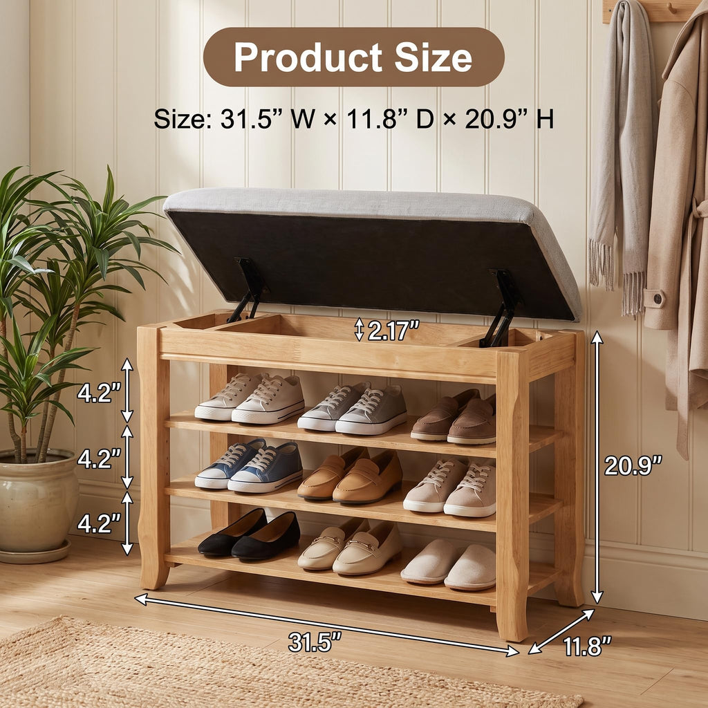 Solid Wood Shoe Bench, 31.5" Shoe Rack Storage