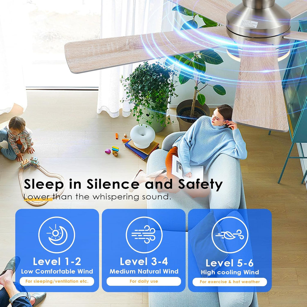 46IN Ceiling Fan with Lights and Remote/APP - Flush Mount Low Profile Ceiling Fan Light with 3CCT Dimmable, 6 Speeds Reversible, Modern Fan Light Fixture for Indoor, Covered Patios, Nickel
