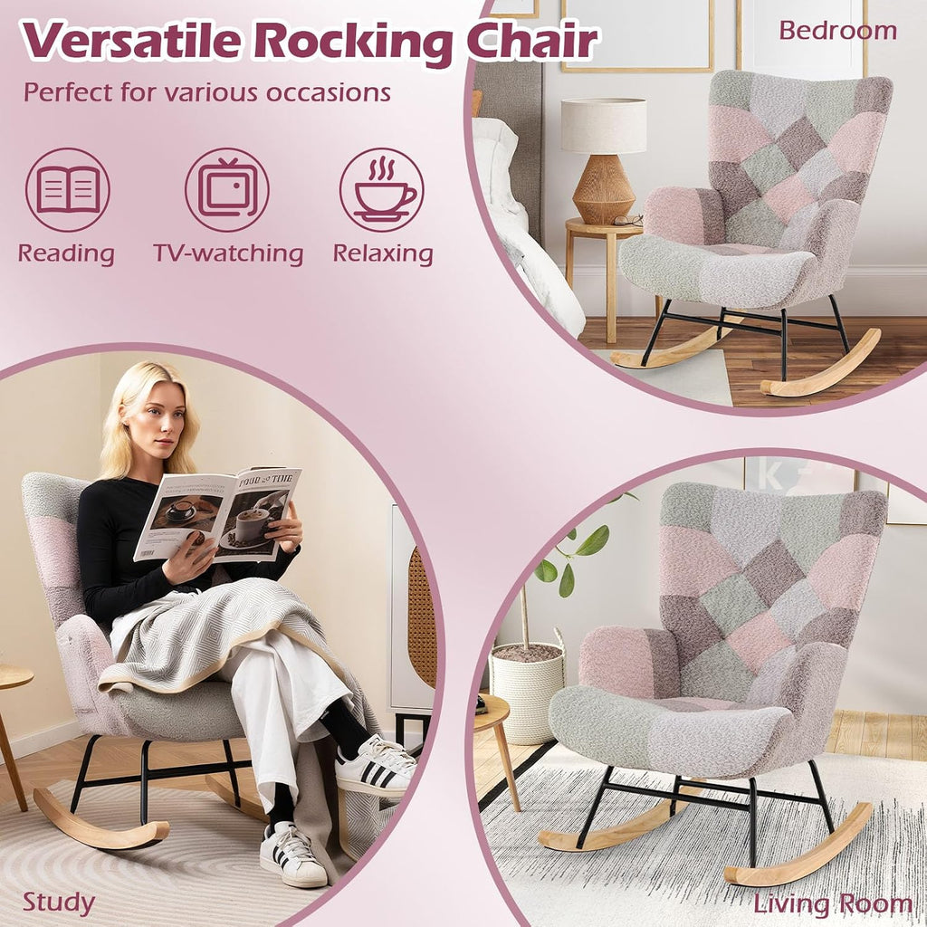 Rocking Chair Nursery, Boucle Upholstered Glider Rocker w/Ergonomic High Backrest, Rubber Wood Legs & Side Pocket