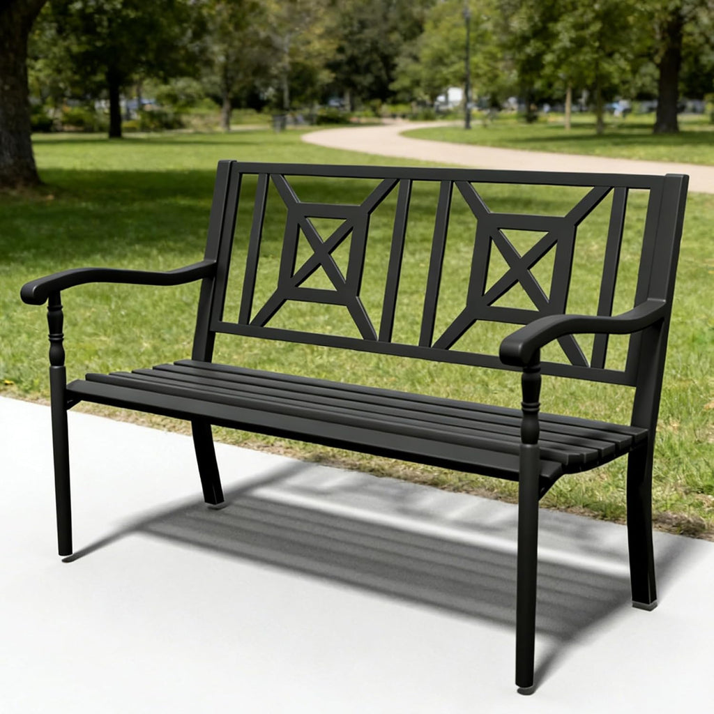 50'' Outdoor Bench, Garden Bench, Outdoor Metal Frame Patio Park Bench with Backrest and Armrests,for Porch