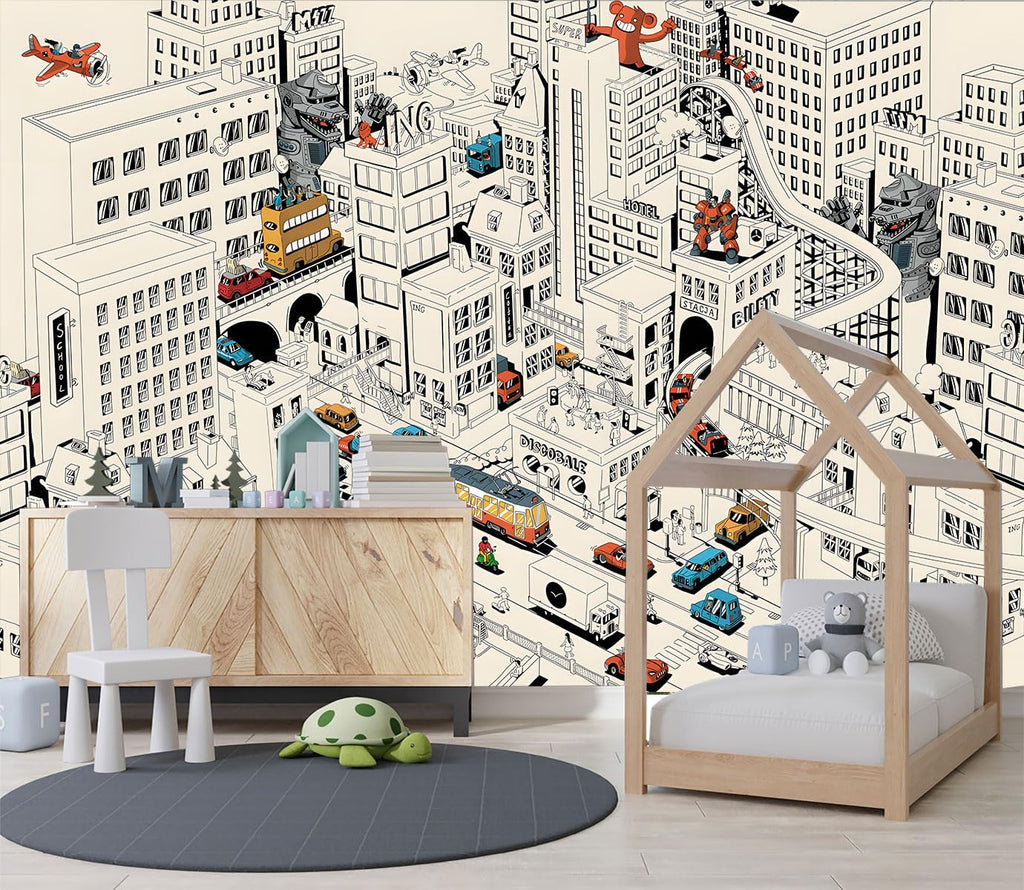 Cartoon Comics City Nursery Room Fabric Wallpaper Kids Bedroom Hand-Painted Graffiti wall Mural-W 88" X H 59"(36