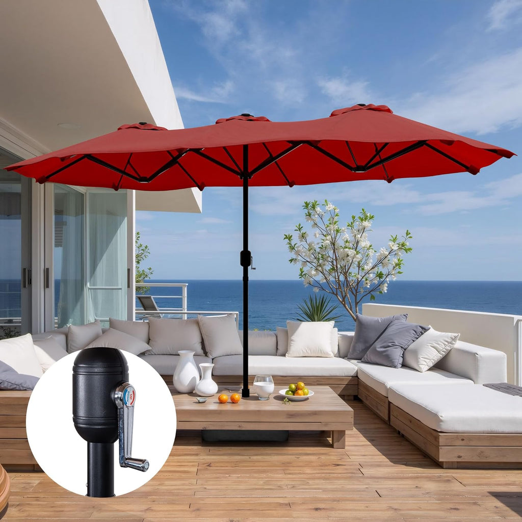 16FT Large Patio Umbrella with Base Included, Outdoor Double-Sided Rectangular Shade with Crank Handle Red