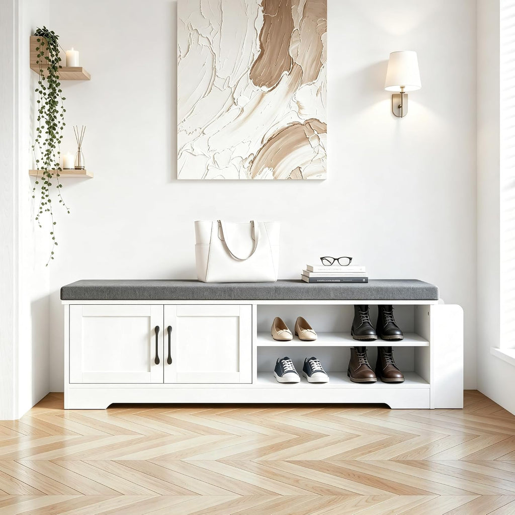 47.3" Shoe Storage Bench with Cushion, Entryway Shoe Cabinet, White | 3-in-1 Shoe Storage Bench, 47.3", Adjustable