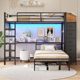 Bunk Bed Twin Over Twin with Hall Tree, Charging Station and LED Lights, L-Shaped Bunk Bed with Desk