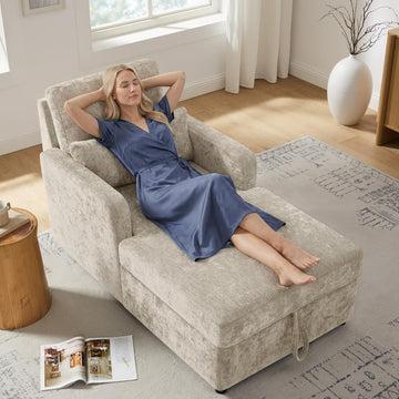 58" Oversized Chaise Lounge Chair with Storage, Chenille Camel | Adjustable Backrest, 2 Back Pillows, Comfy Reading