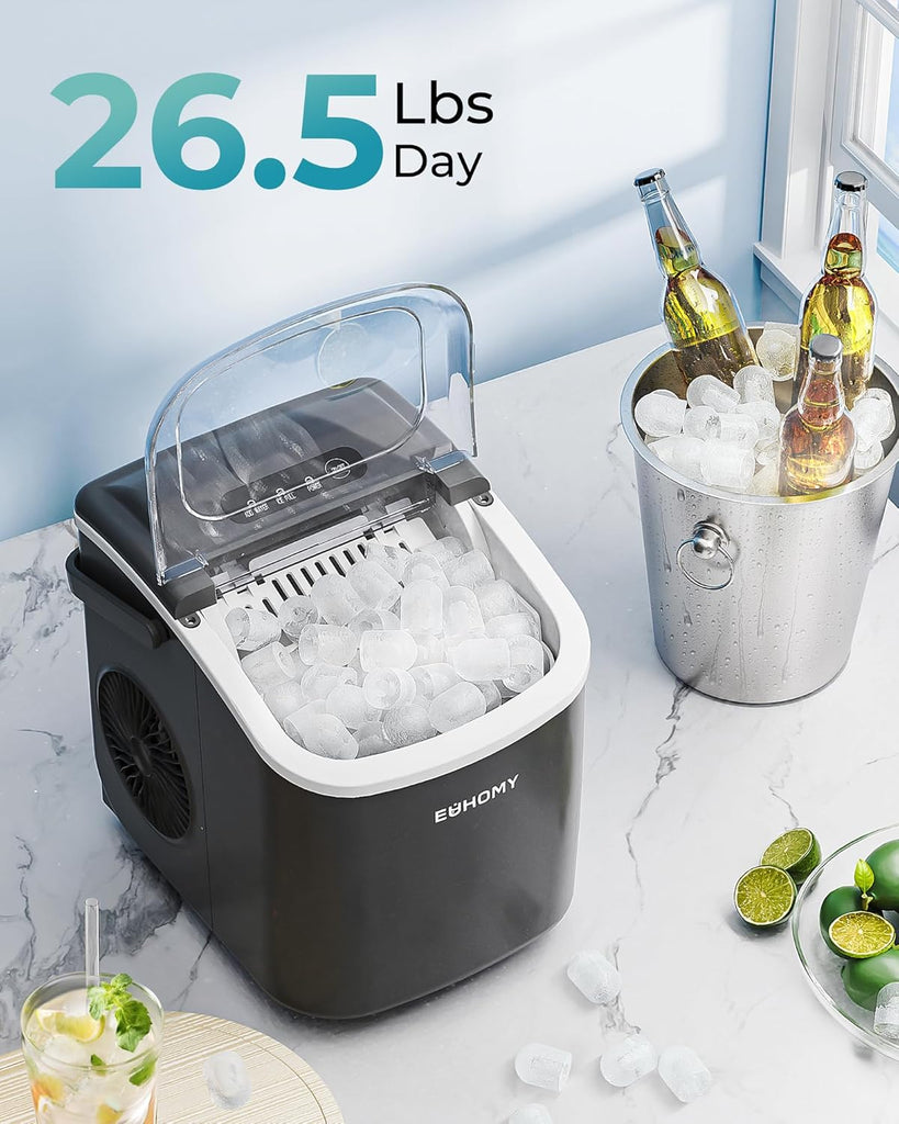 Countertop Ice Maker Machine with Handle, 26.5lbs Per Day, 9 Ice Cubes Ready in 6 Mins, Auto-Cleaning Portable Ice