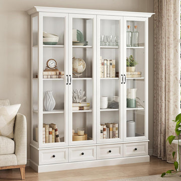 78" Tall Large Storage Cabinet with Glass Door, White Pantry | China Hutch, Farmhouse 4-Tier Display Cabinet with