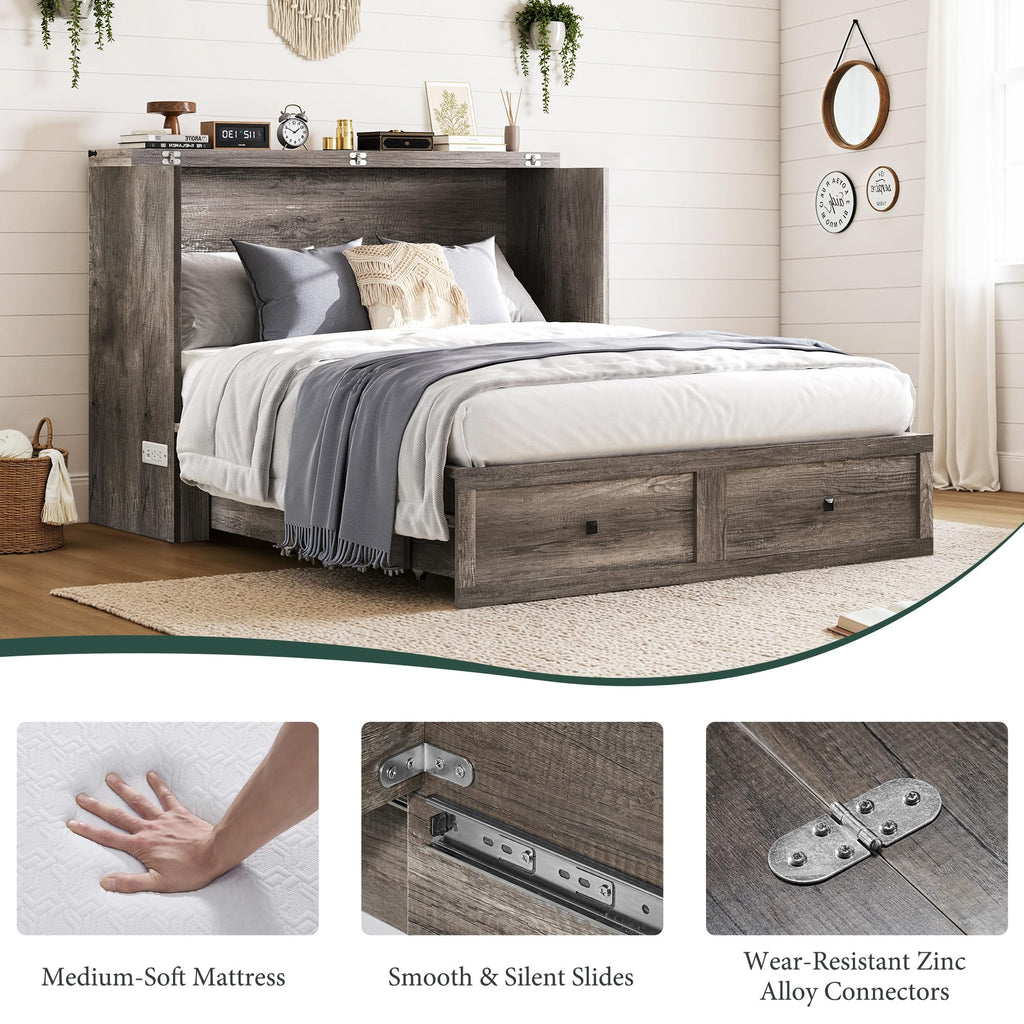 Queen Rustic Grey Murphy Bed with 6" Tri-Fold Memory Foam Mattress