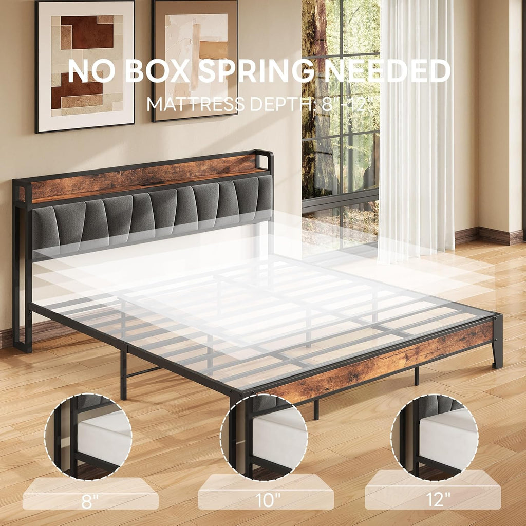 King Bed Frame, Storage Headboard with Charging Station, Solid and Stable, Noise Free, No Box Spring Needed